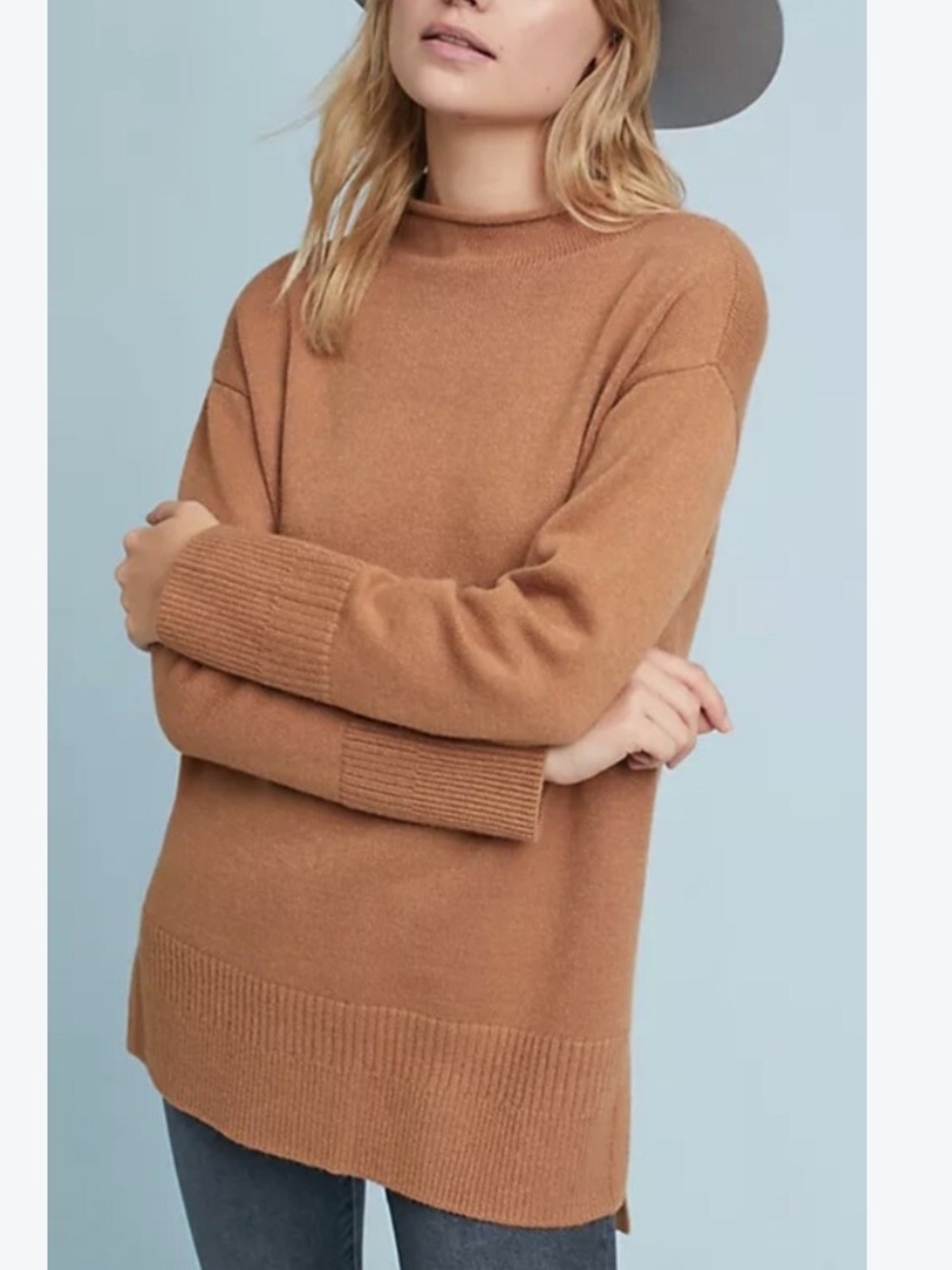 anthropologie moth Camel Mock-Neck Rib-Hem Sweater m
